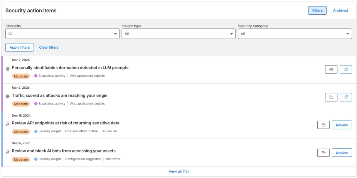 Security overview page display action items for the user to take to improve their security posture